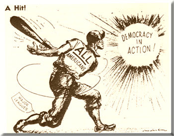 old political cartoon featuring a African American with a shirt that reads ALL Americans, swinging a bat, and the words Democracy in Action!